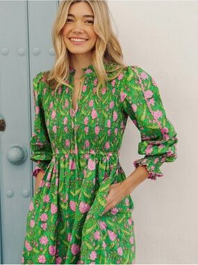 Pink City Amazonian Jungle Green Floral Smocked Midi Dress with Pink Blooms